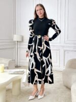 فستان طويل مناسب اسود وبيج